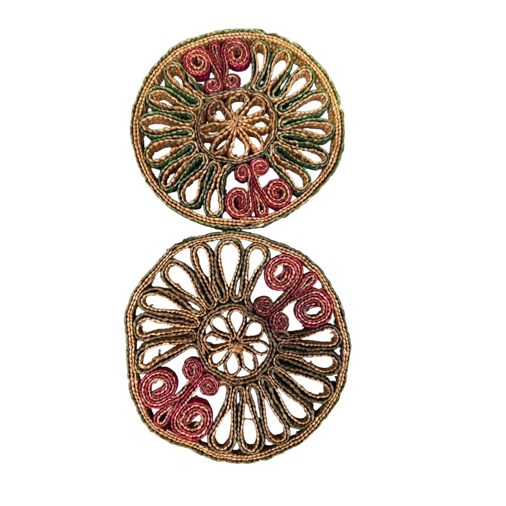 Vintage Raffia Straw Wicker‎ Rattan Trivet Hot Pad Wall Decor Boho Set Of  2